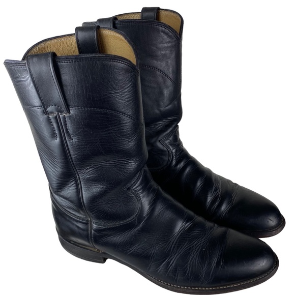 Justin Mens 9 D Cowboy Roper Boots Black Leather Western Rodeo Pull On - Picture 2 of 9